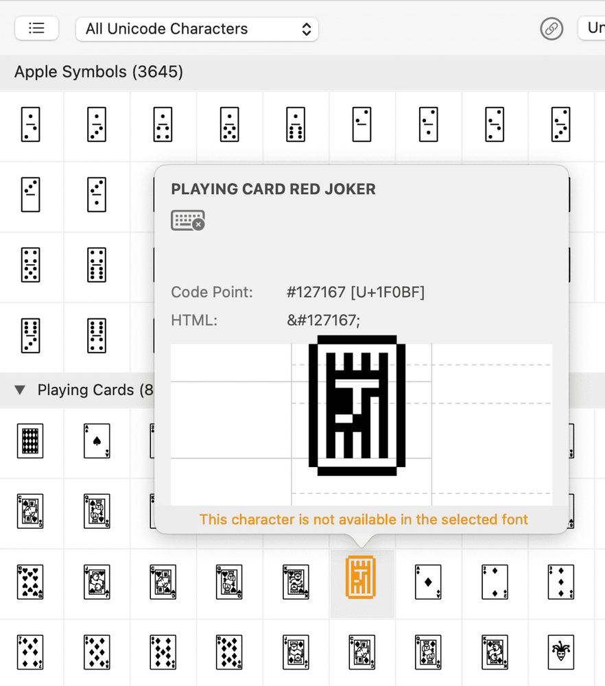 Screenshot of the PopChar app on macOS showing the “All Unicode Characters” view for the Apple Symbols font. The character “PLAYING CARD RED JOKER” (Unicode code point U+1F0BF, HTML 🂿) is highlighted. A pop-up displays details about the character, including its code point and HTML value, with a note at the bottom saying, “This character is not available in the selected font.” The character preview appears as a placeholder box, indicating the glyph is missing.