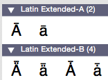 PopChar window showing Latin Extended-A and Latin Extended-B character sets with uppercase and lowercase A letters featuring macrons and overlines on macOS.