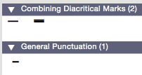 PopChar window showing Unicode categories “Combining Diacritical Marks” and “General Punctuation” with examples of macron and overline symbols on macOS.