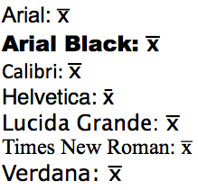 Comparison of the x̄ (x-bar) mean symbol displayed in different fonts — Arial, Arial Black, Calibri, Helvetica, Lucida Grande, Times New Roman, and Verdana — in PopChar on macOS.