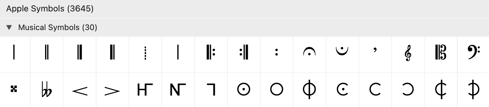 PopChar window displaying Apple Symbols font with musical notation icons such as treble clef, bass clef, and note symbols, illustrating how Typinator handles special characters on macOS.