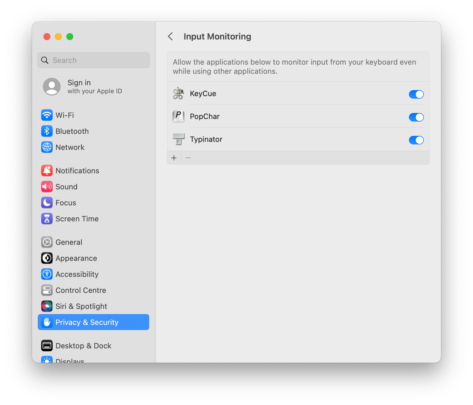 macOS Privacy & Security settings showing Typinator enabled under Input Monitoring, allowing Typinator to monitor keyboard input for text expansion shortcuts.