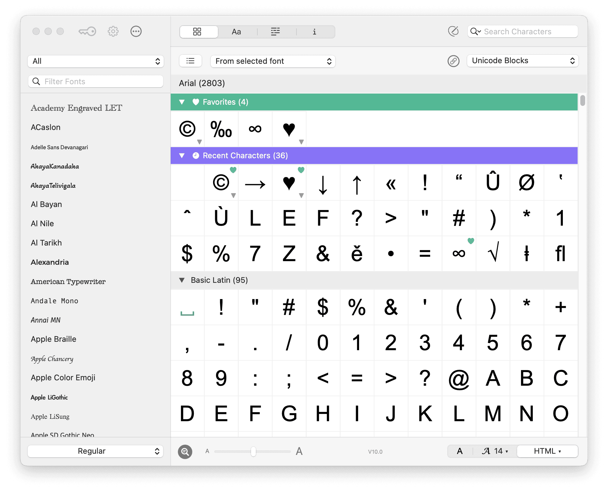 PopChar window on macOS showing the Arial font character set with Favorites, Recent Characters, and Basic Latin sections, demonstrating how to view and insert special symbols and Unicode characters.