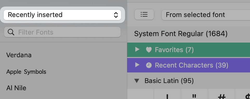 PopChar window on macOS showing the “Recently inserted” view with System Font Regular selected, highlighting Favorites and Recent Characters sections for easy access to frequently used symbols.