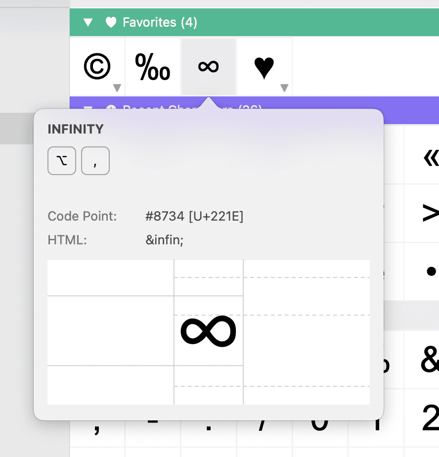 PopChar window on macOS showing the Unicode character “Infinity” (U+221E) with its HTML entity ∞, displayed in the Favorites section for easy symbol insertion.