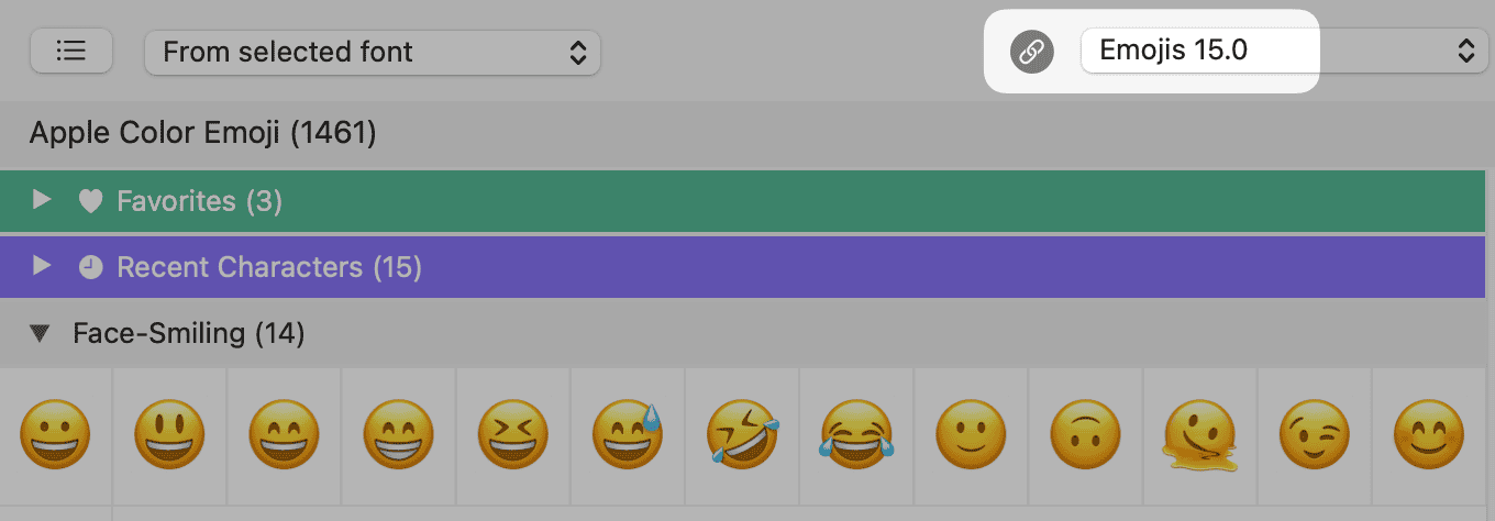 PopChar window on macOS displaying Apple Color Emoji font with Emoji 15.0 characters in the Face-Smiling section, showing favorites, recent emojis, and newly added smiley icons.