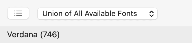 PopChar font selection menu showing “Union of All Available Fonts” option with Verdana selected, displaying all characters available across installed macOS fonts.