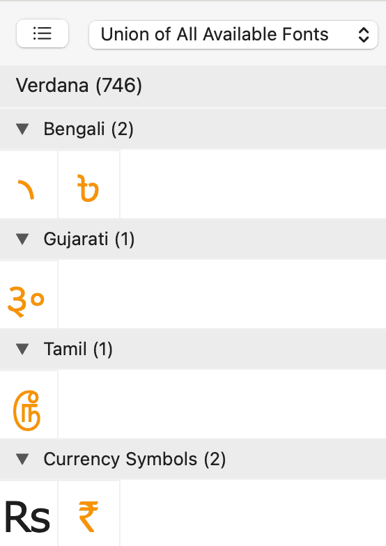 PopChar view showing the Indian Rupee symbol (₹) under Currency Symbols in the “Union of All Available Fonts” list on macOS, with Bengali, Gujarati, and Tamil characters displayed.