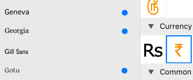 PopChar window showing fonts like Geneva, Georgia, and Gill Sans marked as containing the Indian Rupee symbol (₹) under Currency Symbols on macOS.