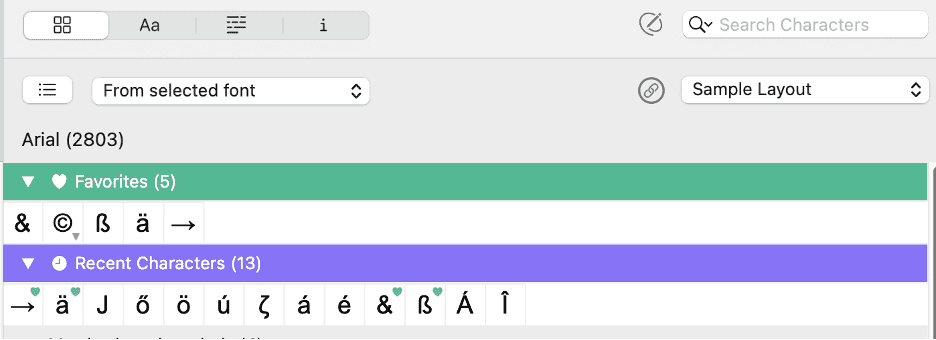 Screenshot of the PopChar app on macOS showing the Favorites and Recent Characters sections in the Arial font. The Favorites group (green) includes commonly used symbols like &, ©, ß, ä, and →. The Recent Characters group (purple) displays recently inserted accented letters and symbols. Demonstrates how PopChar helps users quickly access and manage frequently used and recently selected characters within the character table.