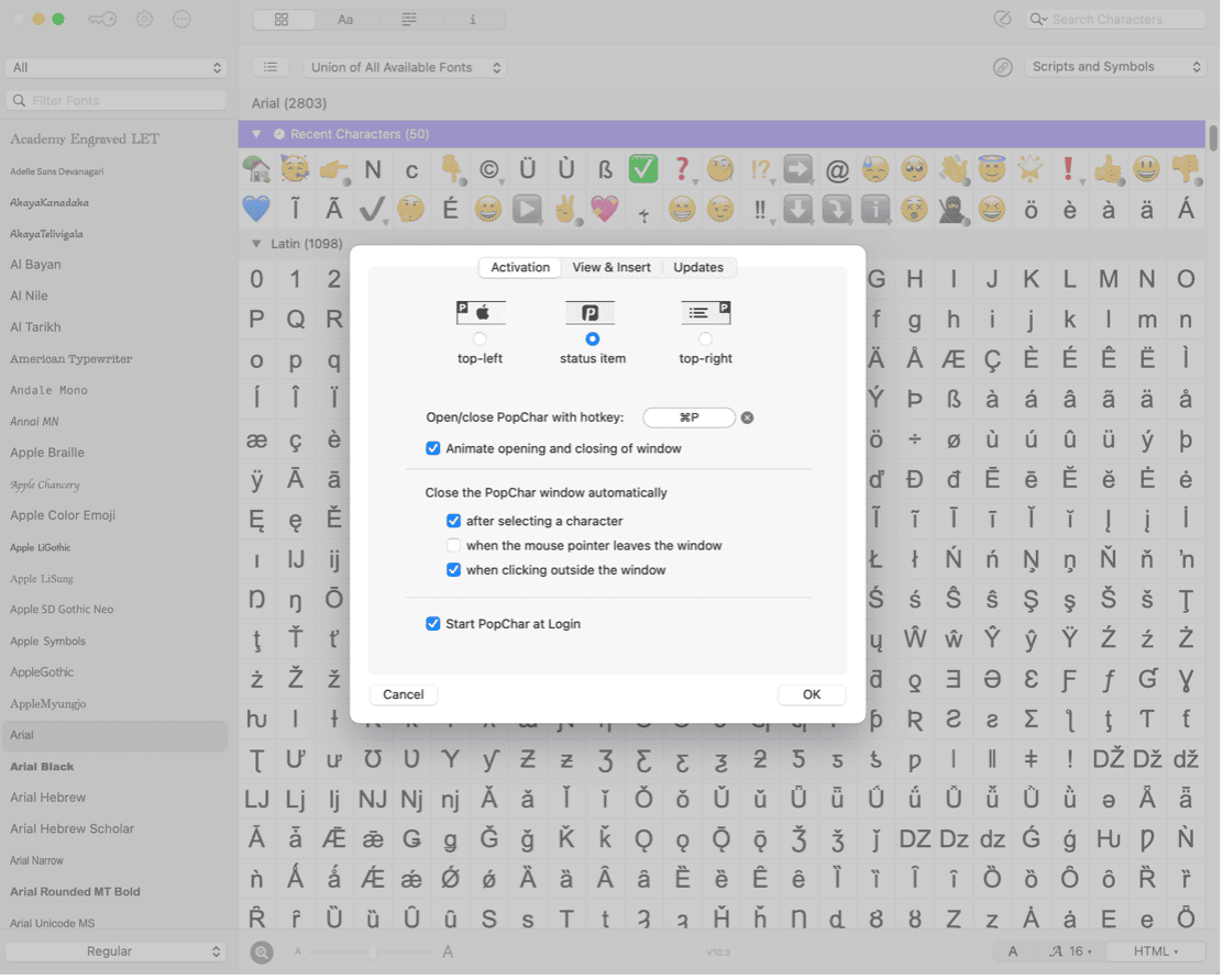Screenshot of the PopChar app on macOS showing the Activation settings window in front of the Arial character table. The settings panel includes options to position PopChar (top-left, status item, top-right), assign a hotkey to open PopChar, animate window transitions, and automatically close the window after selecting a character or clicking outside it. The Start PopChar at Login option is also visible. Demonstrates how users can customize PopChar’s activation and behavior preferences.