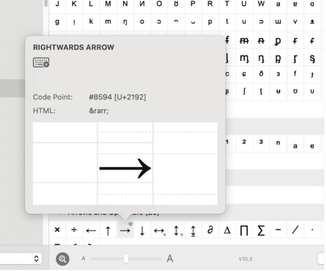 Screenshot of the PopChar app on macOS showing the character info window for the Rightwards Arrow (→) symbol. The details include the Unicode code point #8594 [U+2192] and the HTML code →. Demonstrates how PopChar displays detailed character information, including HTML and Unicode references, when a symbol is selected from the character table.