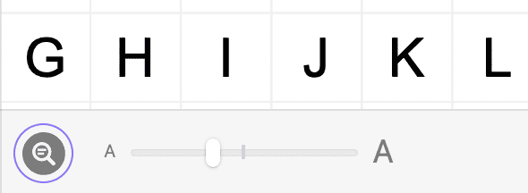 PopChar window on macOS showing uppercase letters G to L with a zoom slider control for adjusting character size in the character table.