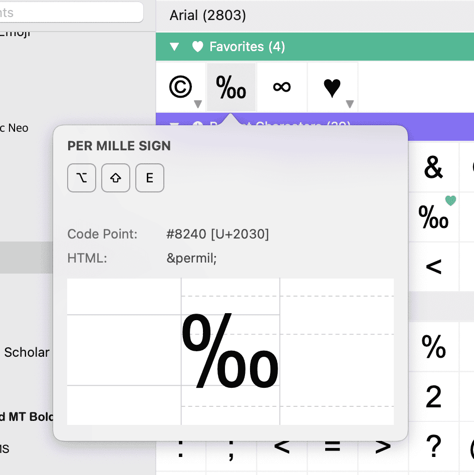 PopChar window on macOS showing the Unicode character “Per Mille Sign” (U+2030) in the Arial font, with its HTML entity ‰ and detailed code point information.