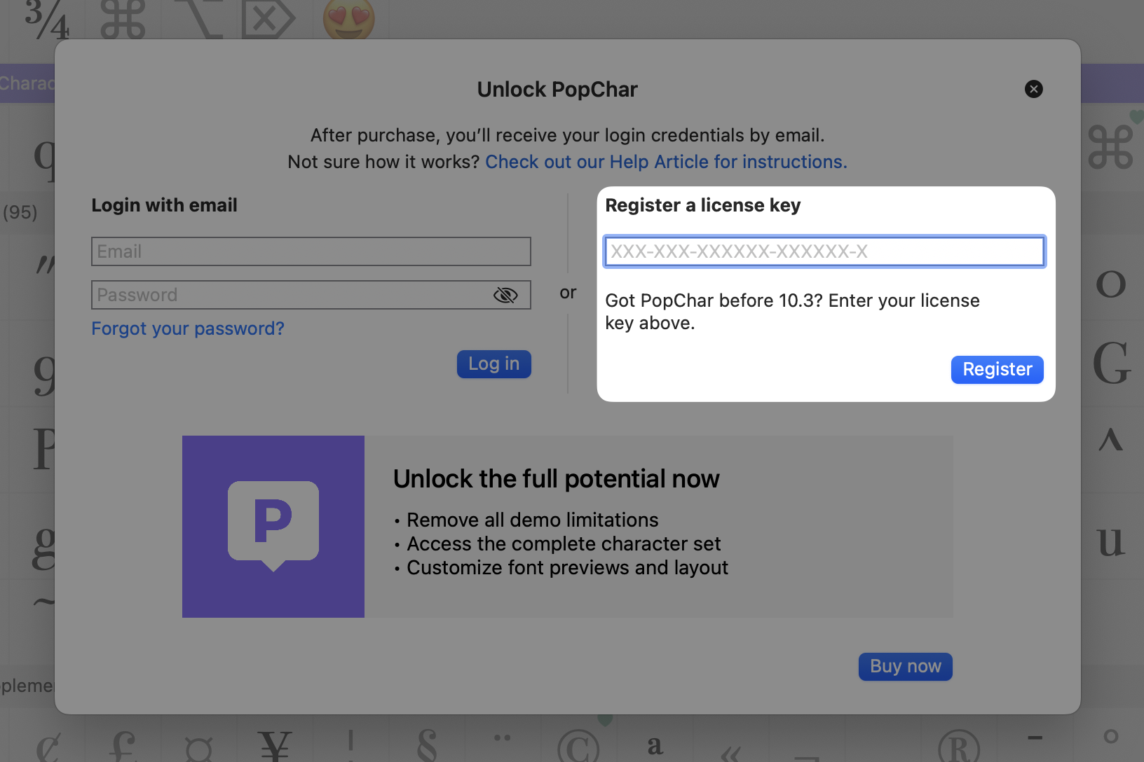 Register PopChar with your existing license key for PopChar 10
